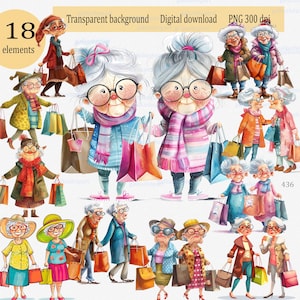Conjunto de 18 diseños de sublimación de divertidas parejas de ancianas PNG: linda abuela de dibujos animados, abuela alegre, abuela amante de las compras con bolsa de mano