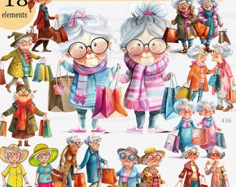 Set of 18 sublimation designs of Funny Old Lady Couple PNG: cute cartoon grandmother, cheerful granny, shopping lover grandma with tote bag