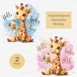 Giraffa con biberon: Immagini PNG acquerellate per sublimazione, Nuovo baby shower per bambina, Ciao baby boy clipart su sfondo trasparente