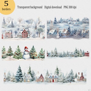Aquarel kerstrand clipart PNG: frame van kerstboom & sneeuwpoppen; Naadloze slinger; Winterland Scène Besneeuwd huis sublimatie ontwerp