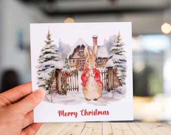 水彩画の赤いピーターラビットのクリスマスデザイン：クリスマス