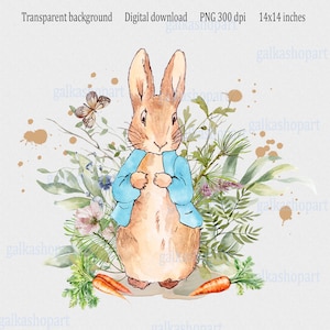 Bunny Sublimation PNG: Peter Rabbit with Wildflowers & Green Leaves, Watercolor Design for Invitation, Nursery Wall Art, Baby Shower Decor