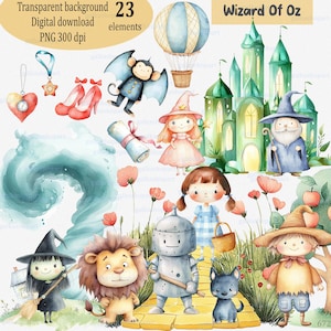 Le magicien d'Oz aquarelle Clipart PNG, personnages de contes de fées : Dorothy, homme de fer, épouvantail, lion, Glinda, ville d'émeraude, décoration de chambre d'enfant et de fête