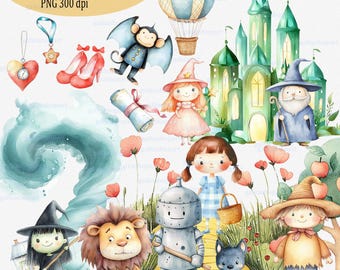 Wizard of Oz Watercolor Clipart PNG, Fairytale Characters: Dorothy, Tin Man, Scarecrow, Lion, Glinda, Emerald City, Nursery & Party Decor