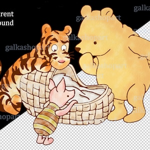 K&ouml;nnte beinhalten: Eine Aquarellillustration von Winnie Puuh, Tigger und Ferkel. Winnie Puuh steht auf der rechten Seite des Bildes und schaut auf Ferkel, das in einem Korb liegt. Tigger steht auf der linken Seite des Bildes und schaut auf Ferkel. Der Hintergrund ist transparent.