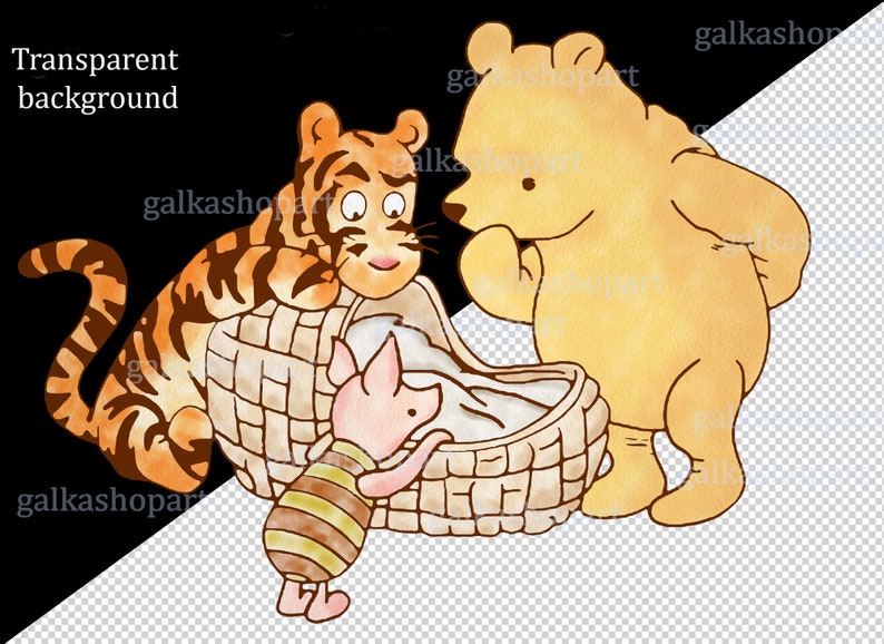 K&ouml;nnte beinhalten: Eine Aquarellillustration von Winnie Puuh, Tigger und Ferkel. Winnie Puuh steht auf der rechten Seite des Bildes und schaut auf Ferkel, das in einem Korb liegt. Tigger steht auf der linken Seite des Bildes und schaut auf Ferkel. Der Hintergrund ist transparent.