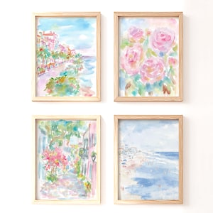 Charleston South Carolina Watercolor Wall Art Set of 4: Rainbow Row, The Battery, Pastel Coastal Beach & Roses Digital Prints Decor
