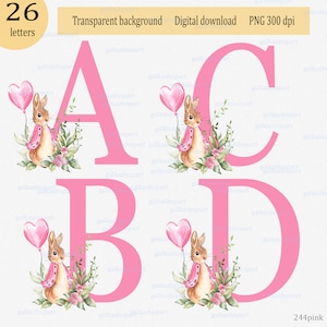 Clipart del alfabeto rosa de Peter Rabbit: conjunto de 26 letras individuales con conejito y flores PNG, diseño de sublimación de acuarela, monograma
