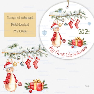 Aquarelle de Noël Pierre lapin dans une scène d'hiver PNG clipart : lapin avec boîte-cadeau, branche de pin, bas et décorations de Noël, conception de bébé