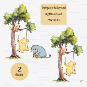 Clásico Winnie the Pooh en un columpio y sus amigos, árbol alto de hoja caduca para sublimación e impresión de decoraciones para fiestas clipart PNG
