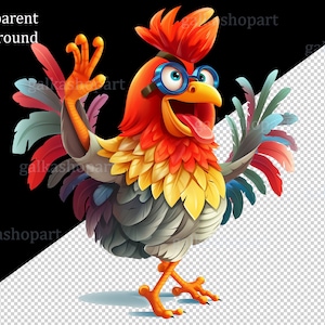 May include: A cartoon rooster with red, yellow, and blue feathers, wearing round glasses and a red bandanna, is waving with its right wing. The rooster has a wide open beak and its tongue is sticking out.