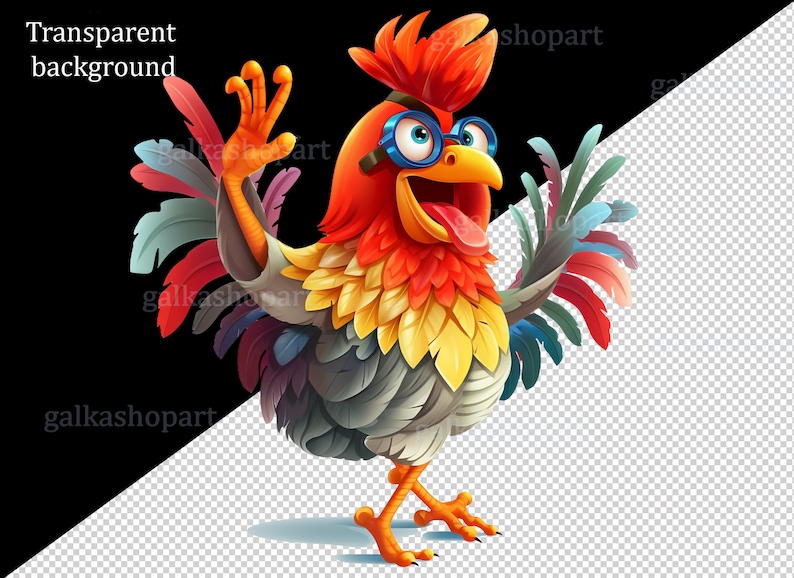 May include: A cartoon rooster with red, yellow, and blue feathers, wearing round glasses and a red bandanna, is waving with its right wing. The rooster has a wide open beak and its tongue is sticking out.