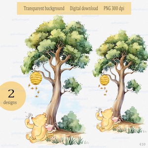 Classic Winnie the Pooh and Piglet sitting under tall tree for sublimation & printing welcome sign, nursery wall art; watercolor clipart PNG