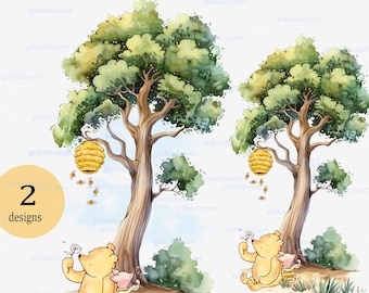 Winnie l'ourson et porcelet classiques assis sous un grand arbre pour la sublimation et l'impression d'une plaque de bienvenue, art mural pour chambre d'enfant ; Aquarelle clipart PNG