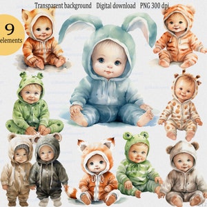 Bambino acquerello in costume da animale, bambino carino in tutina, bambino piccolo in tuta con orecchie, clipart del primo compleanno, stampabile per pareti della cameretta dei bambini
