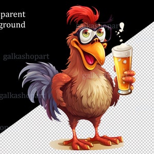 May include: A cartoon rooster wearing glasses and holding a glass of beer. The rooster has a red comb and wattle, brown feathers, and a blue tail.