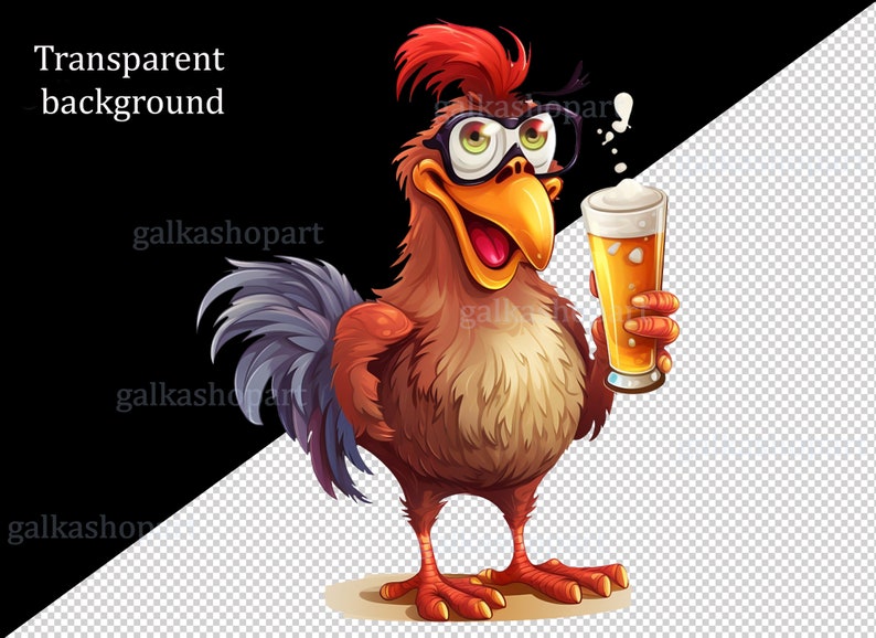 May include: A cartoon rooster wearing glasses and holding a glass of beer. The rooster has a red comb and wattle, brown feathers, and a blue tail.