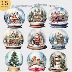 Globo de nieve PNG Sublimación Clipart: Conjunto de gráficos transparentes de país de las maravillas invernal, Navidad Noel, acuarela lindo Santa, Feliz Navidad 15 piezas