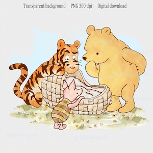 Classic Winnie the Pooh and friends clipart PNG: Children party decor; Watercolor Sublimation Design with Bear Piglet Tigger; gender neutral