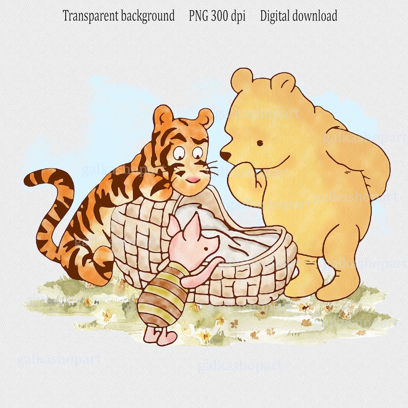 K&ouml;nnte beinhalten: Eine Aquarellillustration von Winnie Puuh, Tigger und Ferkel. Winnie Puuh ist ein gelber B&auml;r mit einem roten Hemd. Tigger ist ein orange-schwarz gestreifter Tiger. Ferkel ist ein rosa Schwein mit einem braun-gelb gestreiften Hemd. Sie alle schauen auf einen Weidenkorb mit einer wei&szlig;en Decke darin.