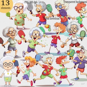 Pickleball People Clipart PNG – 13 personnes âgées drôles faisant du sport, jolie grand-mère et joueurs loufoques, caricature dynamique humoristique
