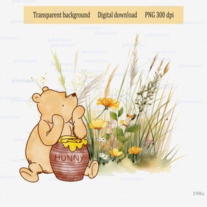 May include: Watercolor illustration of a cartoon bear with a honey pot, surrounded by wildflowers and tall grass. The honey pot is brown with the word "HUNNY" on it. The image has a transparent background and is a digital download.