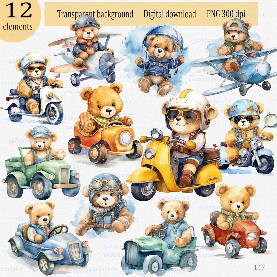 Adorable Teddy Bears Pilots and Drivers Clipart PNG Watercolor