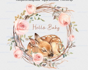 Pink flowers Wreath PNG with baby deer for Sublimation: New Baby Girl Shower, Hello Baby Clipart, Watercolor sleeping fawn ornated roses