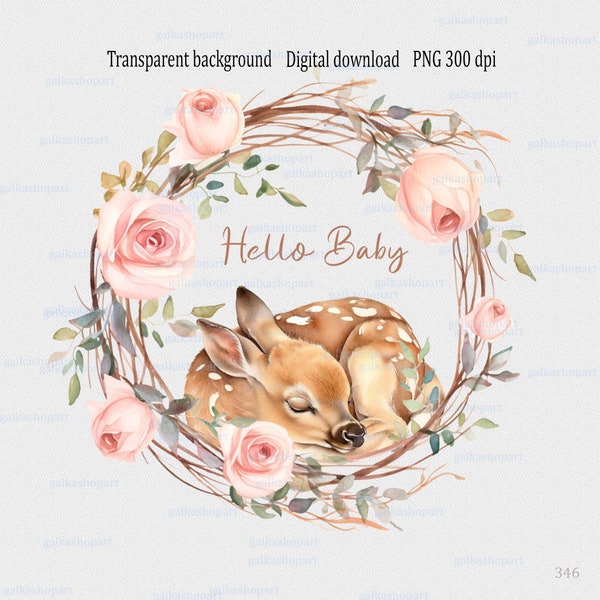 Pink flowers Wreath PNG with baby deer for Sublimation: New Baby Girl Shower, Hello Baby Clipart, Watercolor sleeping fawn ornated roses