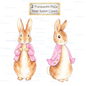 Peter Hase und Flopsy Häschen in rosa Jacke für Sublimationsdruck, A3 Aquarell-Clipart (PNG), Beatrix-Potter-Illustration, transparenter Hintergrund