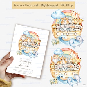 Arche de Noé & arc-en-ciel PNG, conception de sublimation de paires d'animaux, baptême, jour de baptême, baptême, invitation religieuse imprimable et clipart de carte