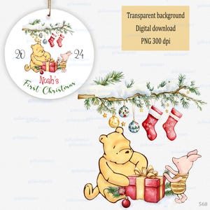 Winnie l'ourson et porcelet classique avec boîte-cadeau et branche d'arbre de Noël avec bas, ornements - Clipart PNG, conception d'ours vintage d'hiver