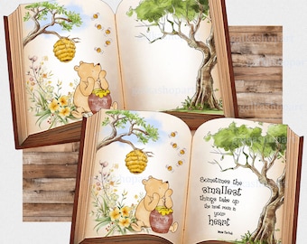 Classic Winnie the Pooh watercolor clipart PNG in form of an open vintage book for making party decorations: invitation cards, welcome signs