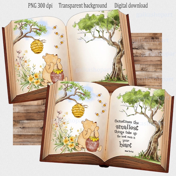 Imágenes prediseñadas de acuarela clásicas de Winnie the Pooh PNG en forma de un libro vintage abierto para hacer decoraciones para fiestas: tarjetas de invitación, carteles de bienvenida