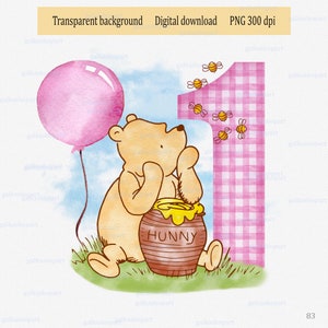 Winnie l'ourson classique pour impression, conception PNG par sublimation, décoration de fête pour le 1er anniversaire d'une fille, clipart aquarelle, ours avec miel et ballon