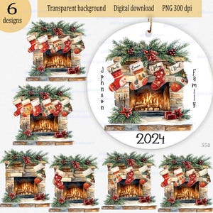 Ensemble PNG d'ornement de Noël familial, conception de bas de Noël personnalisée, ajoutez votre propre nom, cheminée aquarelle avec bordure et chaussettes