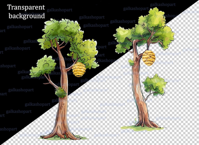 May include: Watercolor illustration of two trees with green foliage and a yellow beehive hanging from the branches. The trees have brown trunks and are set against a transparent background. The text "Transparent background" is at the top.