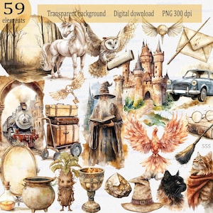 Clipart école de sorcellerie, 59 illustrations magiques vintage PNG, académie des sorciers, aquarelle baguette magique clé potion hibou château licorne chapeau manche à balai