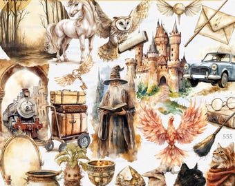 Wizarding School Clipart, 59 PNG vintage magic illustrations, Wizard academy, Watercolor wand potion key owl castle unicorn hat broomstick
