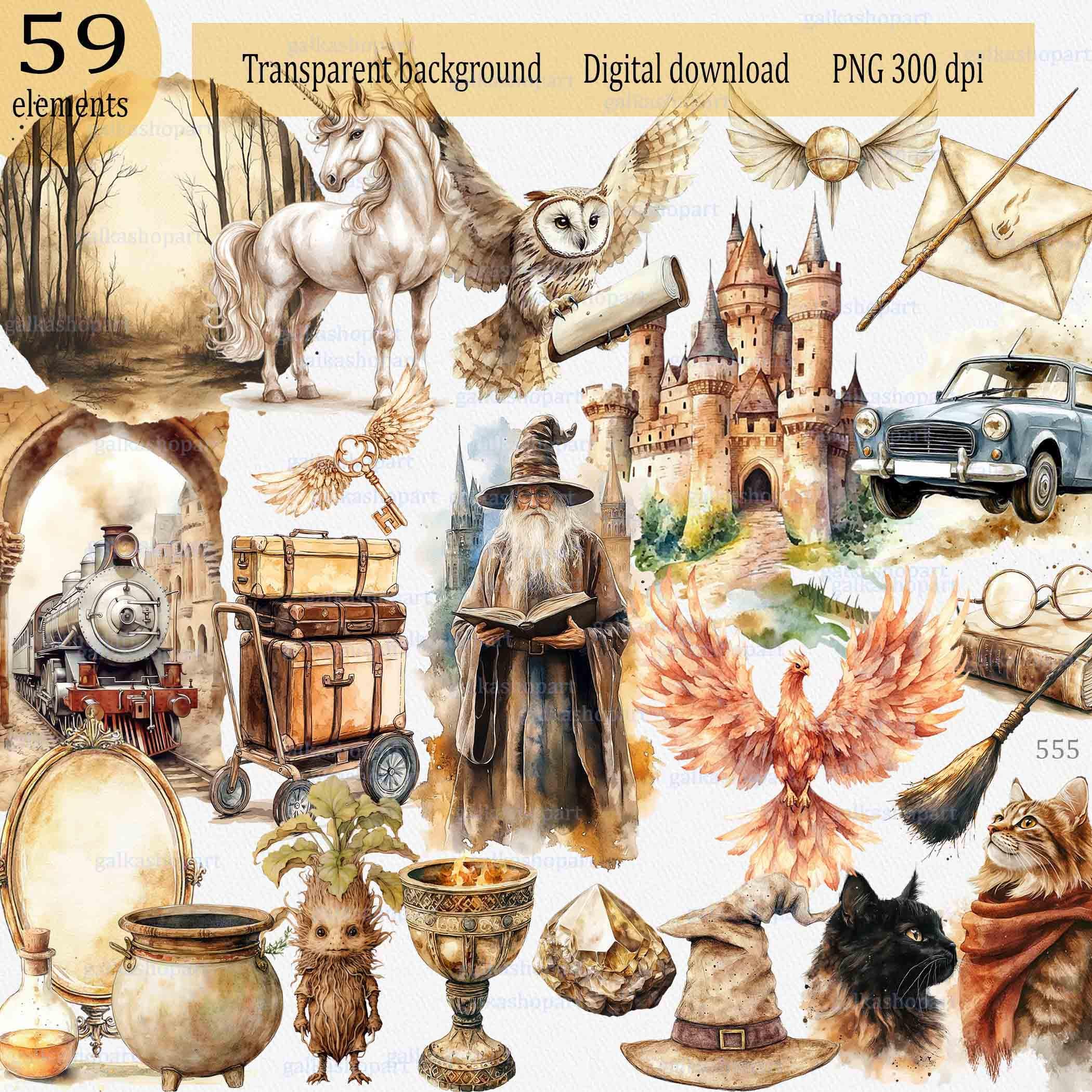 Wizarding School Clipart, 59 PNG vintage magic illustrations, Wizard academy, Watercolor wand potion key owl castle unicorn hat broomstick