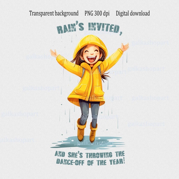 Cute little girl dancing in the rain: clipart PNG on transparent background, fall sublimation design, autumn graphics, nursery decor