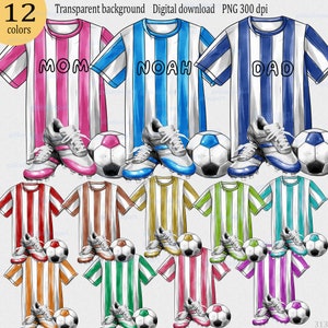 Design de sublimação png de uniforme de futebol: chuteiras de futebol, camiseta listrada, bola; gráficos para impressão; clipart em aquarela; para projetos com temas esportivos