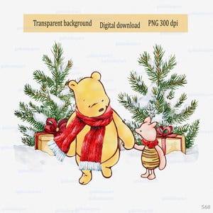 Winnie the Pooh y Piglet clásicos con pinos y cajas de regalo: clipart PNG; Diseño para adornos; Oso vintage de acuarela; Primera Navidad