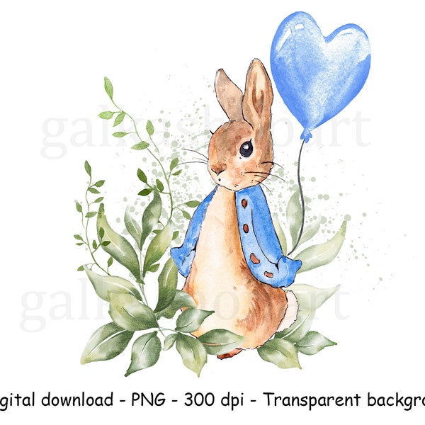 Clipart Peter Rabbit, Transparent PNG file, Greenery Clip Art, Watercolor painting, Sublimation print, Invitation Card making