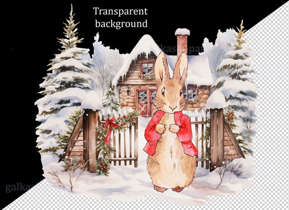 水彩画の赤いピーターラビットのクリスマスデザイン：クリスマス