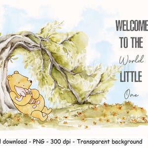 Winnie l'ourson PNG classique, design par sublimation, baby shower et décoration de fête d'anniversaire aquarelle clipart ours et porcelet art mural neutre