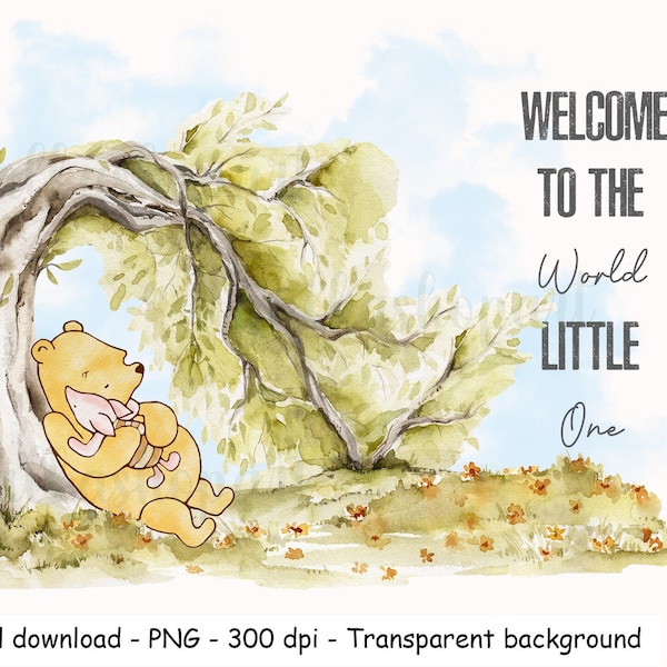 Classic Winnie the Pooh PNG, Sublimation Design, Baby Shower&Birthday party decor Watercolor Clipart bear and piglet gender neutral wall art