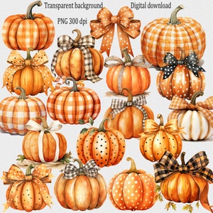 Zestaw 18 jesiennych dyni clipart PNG: rustykalne jesienne obrazy akwarelowe, grafiki Halloween do nadruku sublimacyjnego na ubraniach i nie tylko