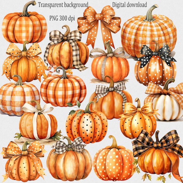 A set of 18 fall pumpkins clipart PNG: rustic autumn watercolor pictures, Halloween graphics for sublimation printing on clothes and more