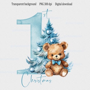 Premier Noël ours en peluche Clipart PNG : 1er gilet de Noël de bébé, sublimation de sac du père Noël, fichier PNG transparent, peinture bleu aquarelle